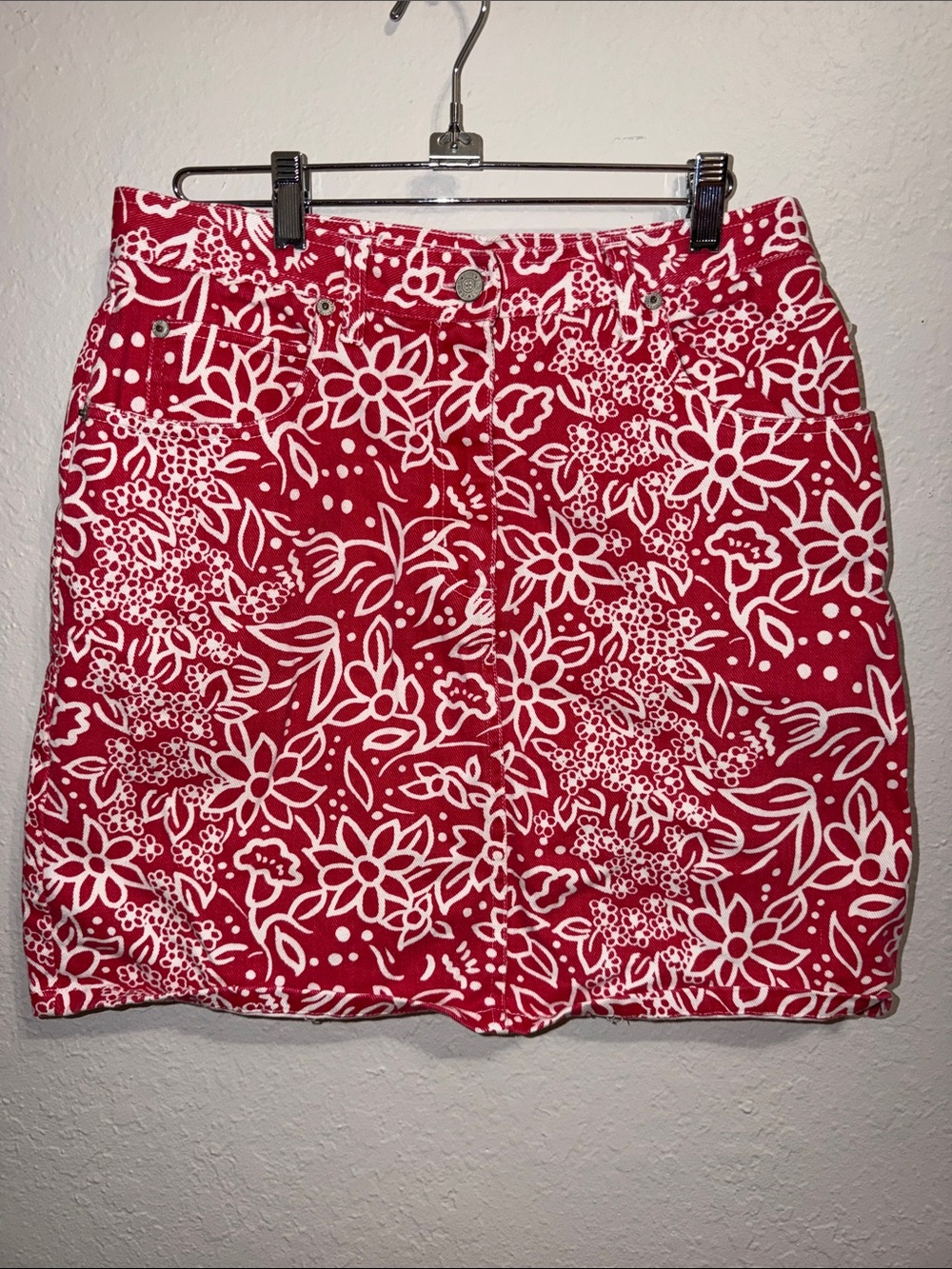 Vintage Denim Skirt Floral Print on Red Color Denim Jean Skirt 90s
